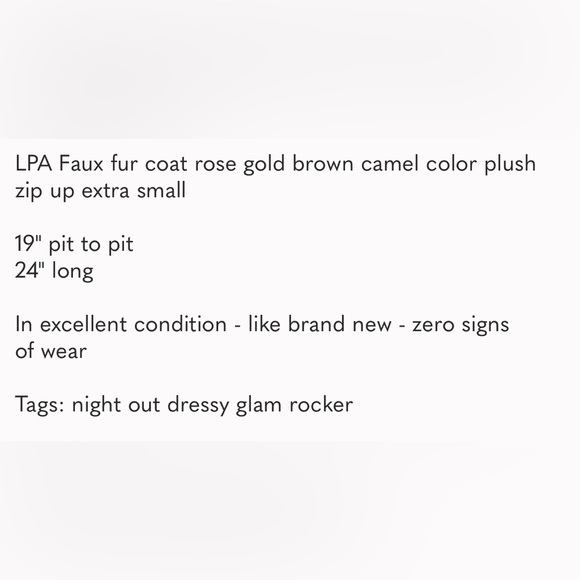 LPA Faux fur coat rose gold brown camel color plush zip up extra small Revolve - Picture 12 of 12